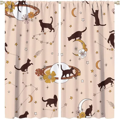 Vista 14 de Cortinas de estilo de mediados de siglo, diseño geométrico abstracto moderno, diseño retro, estampado de gato negro, para dormitorio, sala de estar