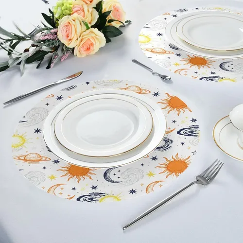 Vista 6 de Retro Sun and Moon Orange and White Rounds placemats Farmhouse Spring Decor 15x15 in individuales para mesa de comedor