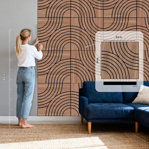Vista 2 de WoveN SounD Paneles de pared acústicos, teca, paquete de 8, 23.6 x 23.6 pulgadas