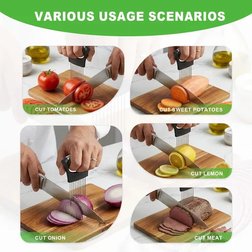 Vista 3 de Soporte para rebanadas de cebolla, soporte de cebolla de acero inoxidable para rebanar con funda protectora, herramienta auxiliar para cortar carne