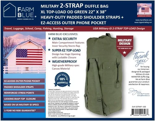 Vista 9 de Farm Blue Bolsa de viaje militar de 2 correas, Olive Drab, L, Clásico