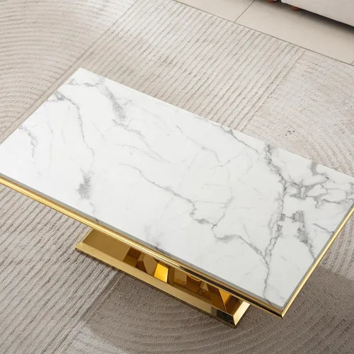 Vista 8 de SSLine Mesa auxiliar rectangular de mármol sintético para sala de estar, moderna mesa central de mármol blanco de lujo con base de diamante dorado