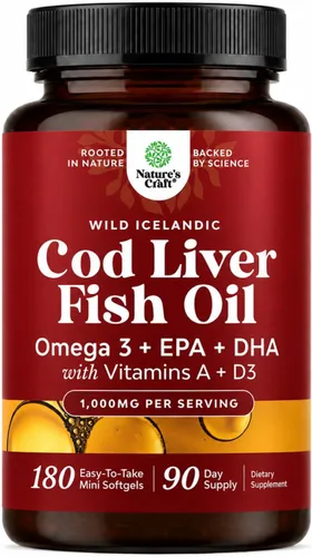 Vista 11 de Aceite de hígado de bacalao salvaje de Islandia en cápsulas blandas - Omega 3 de pescado, EPA, DHA, Vitamina D y A, 1000mg por porción - Cápsulas