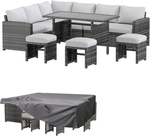 Vista 14 de AECOJOY Juego de muebles de patio al aire libre, 7 piezas de mesa de comedor y sillas seccionales de ratán, sofá de conversación de mimbre para todo