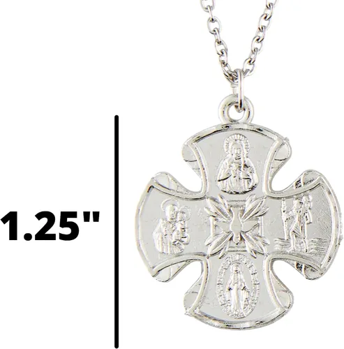 Vista 5 de Needzo Collar de cruz católica de cuatro vías para hombre, colgante de tono plateado con San José, San Cristóbal, corazón sagrado y medallas