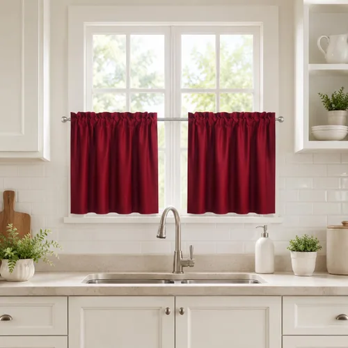 Vista 9 de Aquazolax Half Window Curtains 24 Inch Length, 28" Wide Rod Pocket Small Window Treatment for Kitchen, Bathroom, Camper, Beige, 2 Panels Set