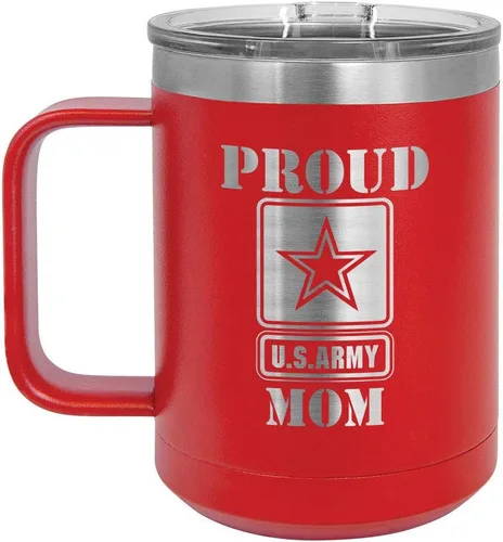 Vista 13 de PROUD ARMY MOM BLACK Taza de café de 15 oz con tapa deslizante Taza de café de viaje aislada Ideas de regalos del día de la madre de hijo o hija