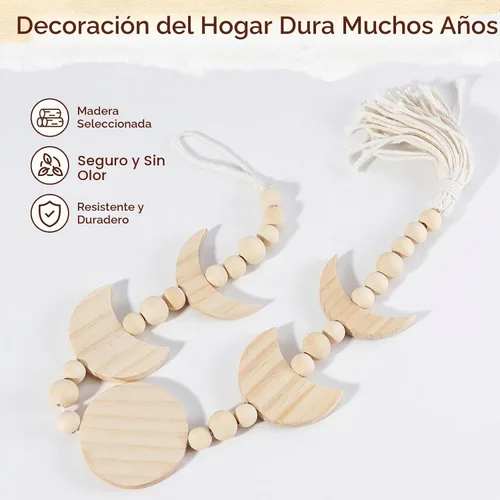 Vista 4 de Colgante de pared de fase lunar de madera, decoración de dormitorio celestial estética bohemia para el hogar (beige)