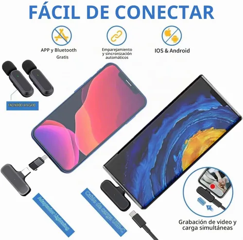 Vista 6 de 2 Pack Profesional de Micrófonos Inalámbricos Lavalier para iPhone iPad Android con Estuche de Carga, Reducción de Ruido, Clip de Plug-Play