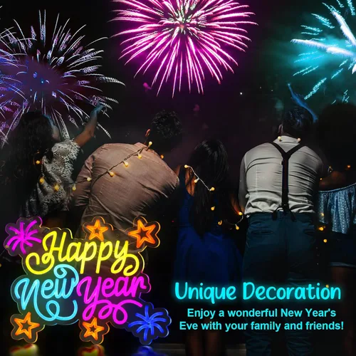 Vista 7 de Retisee - Letrero de neón de feliz año nuevo, luz LED alimentada por USB, letrero de neón de feliz año nuevo para decoración de pared