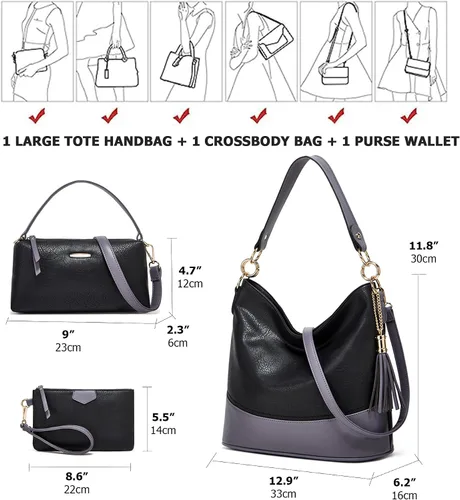 Vista 3 de Bolso grande de cuero suave de 3 piezas para mujer, elegante bolso de hombro Hobo con asa superior