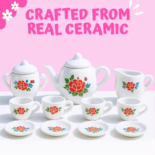 Vista 3 de Juego de té de cerámica de porcelana en miniatura floral de 17 piezas, juego de simulación para niños, juego de cocina pequeño, muñeca divertida