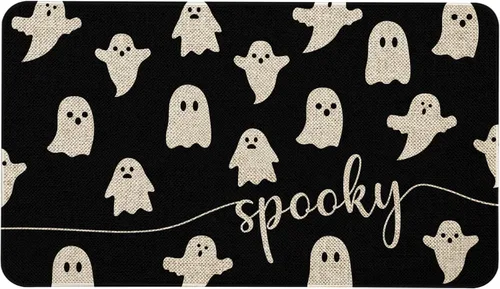 Vista 20 de Mloabuc® Felpudo de Halloween para puerta delantera, fantasma negro, parte trasera de goma antideslizante, diseño de calavera de feliz Halloween