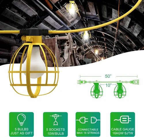 Vista 3 de LEDIARY Cadena de luces de construcción de 50 pies, 5 bombillas de 50 W, 5250 lúmenes, luces de trabajo con 5 enchufes de base media, luces