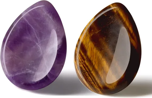 Vista 19 de YATOJUZI Juego de 4 piedras ovaladas para preocupación del pulgar, 7 chakras, amatista, cuarzo rosa, ojo de tigre, piedras naturales talladas a