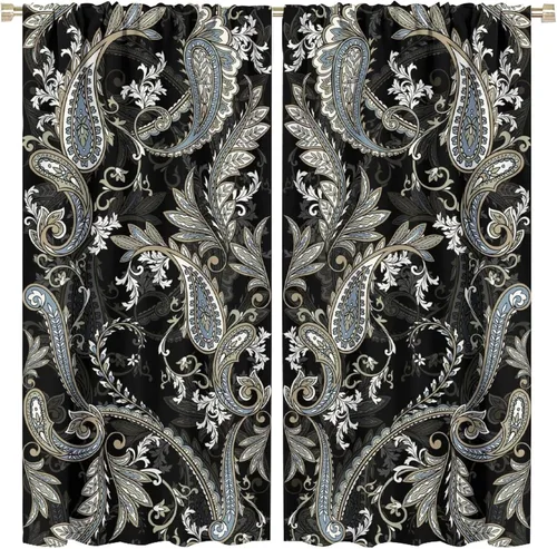 Vista 176 de Cortinas opacas con estampado de flores de cachemira, estampado de cachemira sobre fondo blanco, para decoración del hogar, cocina, restaurante