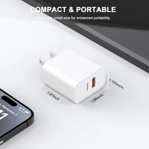 Vista 6 de Matsusho Cargador para iPhone 15 de carga rápida, 2 unidades de 20 W de doble puerto PD+QC3.0 bloque de cargador de pared con cable de carga USB C a