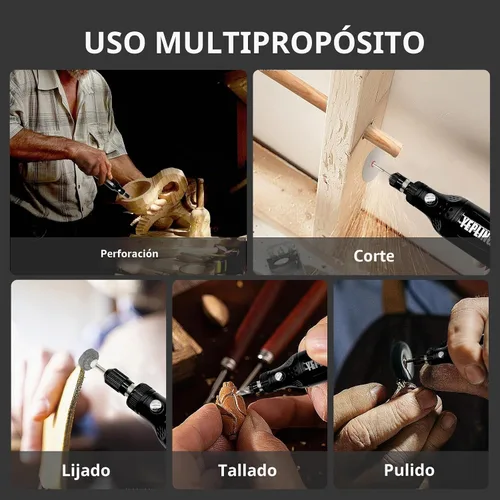 Vista 5 de Herramienta giratoria inalámbrica, kit de mini amoladora eléctrica de iones de litio de 3.7 V con luz de trabajo LED frontal, 5 velocidades