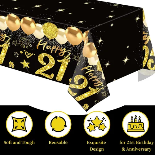 Vista 34 de Uiorgui 2 piezas mantel de cumpleaños número 18, mantel de cumpleaños número 18 negro dorado para niños y niñas, mantel de plástico rectangular