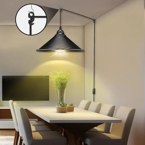 Vista 2 de Luz colgante grande con enchufe negro, luz colgante industrial con cable enchufable Hanging Lamps, Pendant Lamp, Vintage Pendant Light with Plug