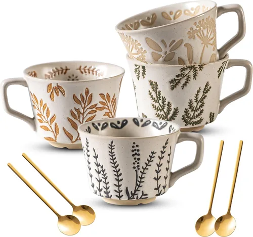 Vista 9 de Juego de 4 tazas de café con cuchara dorada, taza de cerámica pintada a mano de estilo antiguo de 11 onzas para hombres y mujeres, regalos únicos