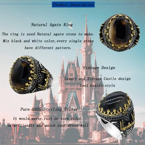 Vista 3 de Qida Natural Agate Ring for Men S925 Sterling Silver Black Agate Stone Ring Vintage Castle Men's Ring Gothic Style Unique Hand Ring