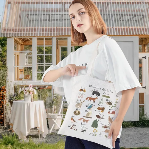 Vista 2 de LEVLO Bolsa de lona con diseño de alfabeto de animales - Bolsa de comestibles con temática de bosque A-Z