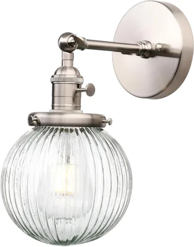 Vista 10 de PERMO Aplique de pared industrial vintage con accesorio de iluminación con mini pantalla de vidrio acanalado redonda transparente de 5.9 pulgadas