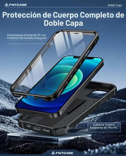 Vista 7 de FNTCASE - Funda para iPhone 12 con protector de pantalla integrado y soporte 20FT Military-Grade Drop Protection, Anti-Slip Matte Textured, Rugged