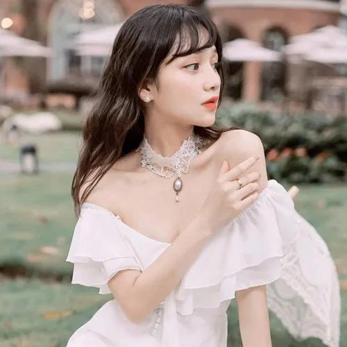 Vista 4 de Acxico Princesa Nupcial Romántico Clásico Blanco Borlas Encaje Perla Colgante Collar