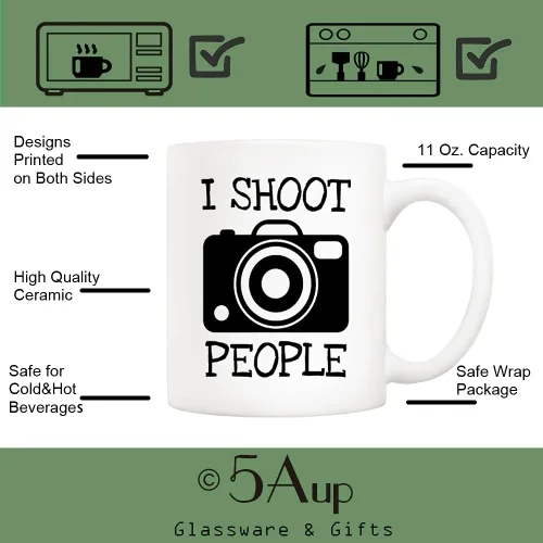 Vista 3 de 5Aup Funny I Shoot People - Taza de café para fotógrafo, regalos de cumpleaños para hombres para amantes de la fotografía, color blanco, 11 onzas