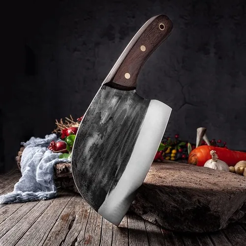 Vista 3 de MAYiT Cuchillo de carnicero de carne, hecho a mano, forjado, cuchillos tradicionales, cuchillo de cocina, cuchillo de cortar, cuchillo chino