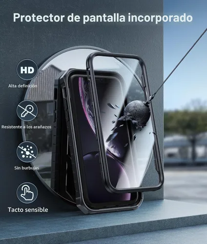Vista 4 de FNTCASE Funda para iPhone XR, con protector de pantalla integrado, soporte Negro