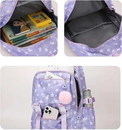 Vista 4 de ZJYJING Mochila de anime para niñas y niños con patrón de estrellas con colgante para viajes y escuela, Azul, Grande, Mochila media primaria