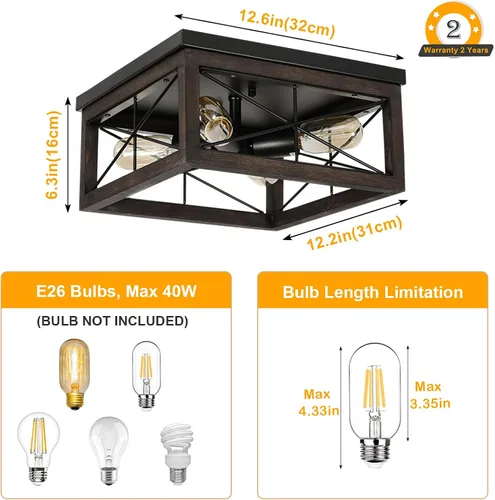 Vista 2 de eyassi Lámpara de techo de madera de montaje empotrado, 4 luces rústicas de granja, lámpara de techo cuadrada industrial con enchufe E26