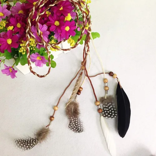 Vista 6 de Diadema de plumas hippie indio bohemio con borla bohemia para Halloween diadema para el pelo para mujer adorable corona para decoración de fiesta