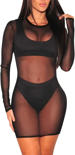 Vista 2 de Jumppmile Vestido de malla transparente para mujer, de manga larga, transparente, para cubrir el bikini
