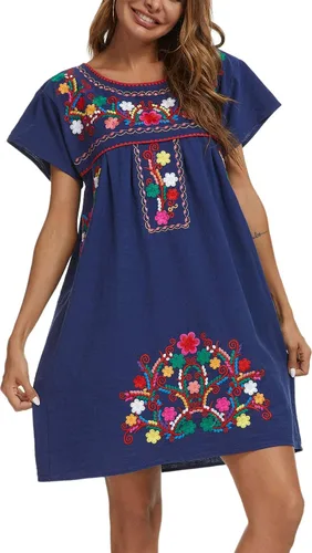 Vista 3 de YZXDORWJ - Vestido mexicano bordado de manga corta para mujer