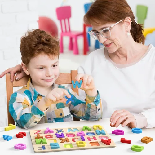Vista 7 de Zeoddler Rompecabezas del alfabeto, rompecabezas de madera para niños pequeños, rompecabezas con forma de ABC para niños, actividades de aprendizaje