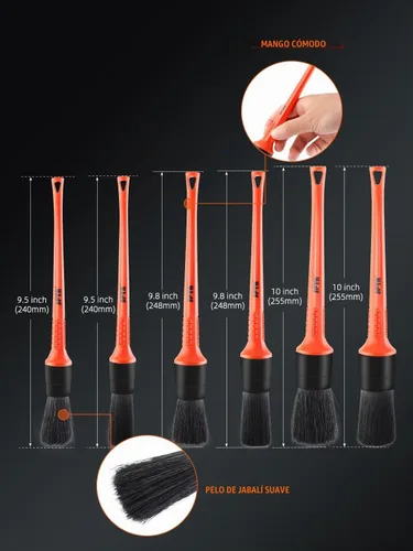 Vista 2 de Kit de cepillos para detalle de coche, juego de 6 cepillos de pelo de jabalí para automóvil, cepillos de microfibra para limpieza sin rayones