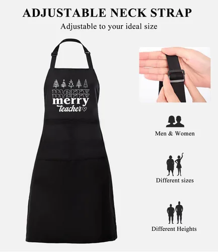 Vista 4 de TSIIUO Delantal de Feliz Profesor para mujer, divertido diseño de Navidad, impermeable, ajustable, con 2 bolsillos