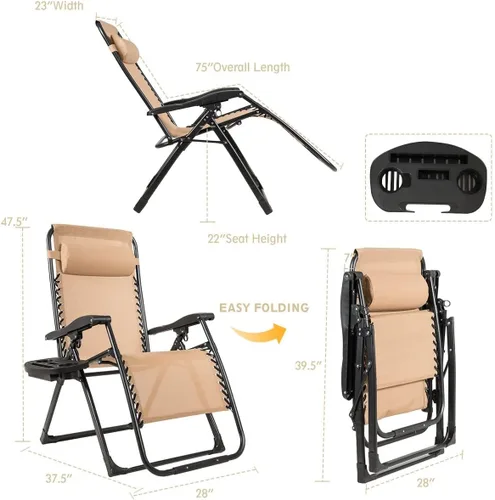 Vista 3 de DORTALA Silla Zero Gravity, silla de descanso con soporte para tazas, tela transpirable, reposacabezas desmontable, tumbona resistente de 500 libras