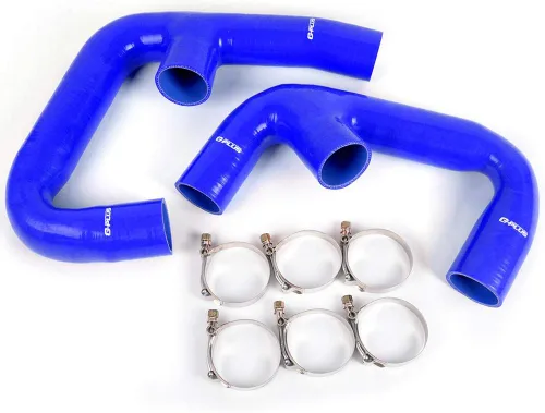 Vista 6 de Intercooler doble + kit de manguera azul negro compatible con VW VOLKSWAGEN Golf R GTI MK7 actualización