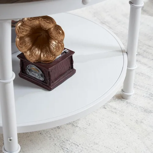 Vista 7 de VINGLI - Mesa de café de granja redonda de nogal oscuro y blanco de 25.6", mesa de centro con 2 estantes de almacenamiento para sala de estar