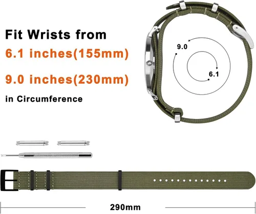 Vista 4 de ANNEFIT - Correa de reloj de nailon de 16mm 18mm 20mm 22mm, correas de reloj militares impermeables de una pieza con hebilla resistente