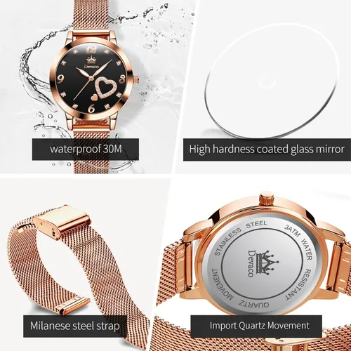 Vista 3 de devaco Reloj de pulsera del cuarzo del diamante del oro rosa del acero inoxidable, reloj de moda de las señoras de la prenda impermeable