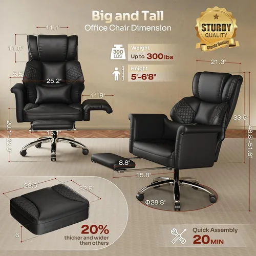 Vista 3 de Silla de oficina ergonómica con reposapiés, silla de escritorio con patas cruzadas con brazos abatibles, asiento de resorte más ancho y grueso