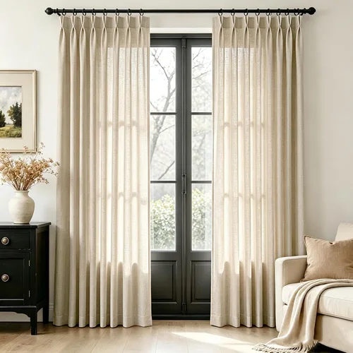 Vista 23 de Cortinas de lino de 63 pulgadas, juego de 2 paneles para sala de estar, beige natural, cortinas con pliegues pellizco entrenadas con memoria