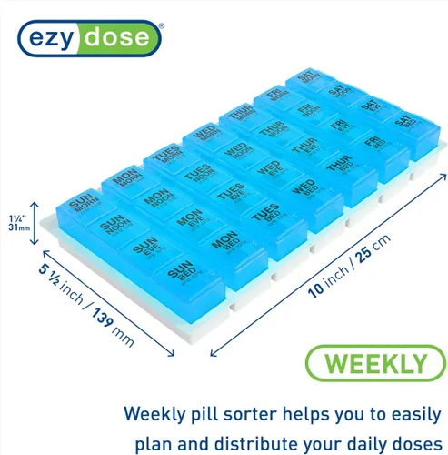Vista 2 de Ezy Dose Organizador semanal de pastillas (7 días), caja de vitaminas y medicamentos, grandes compartimentos desplegables, 4 veces al día, azul