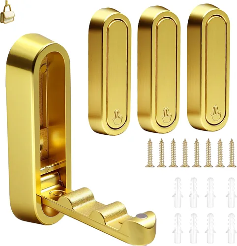 Vista 8 de 2 ganchos de pared plegables dorados, ganchos plegables para colgar en la pared, bolsas/mochila/ropa gancho montado para baño, dormitorio, cocina